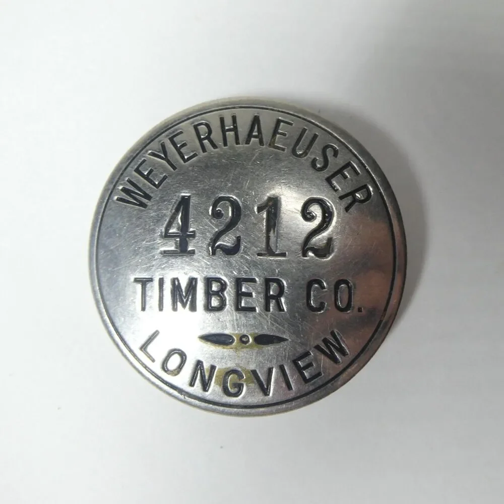 Weyerhauser Timber Co. Longview WA Employee Badge 4212 Vtg Silvertone Metal Pin